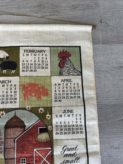 Vintage 1984 Calendar Tea Towel Country Barn Chickens Farm Animals Linen