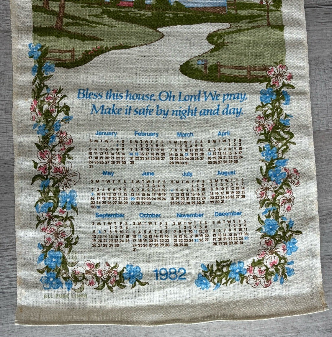 Vintage 1982 House Spring Flowers Towel Kitchen Linen Calendar Bless This House