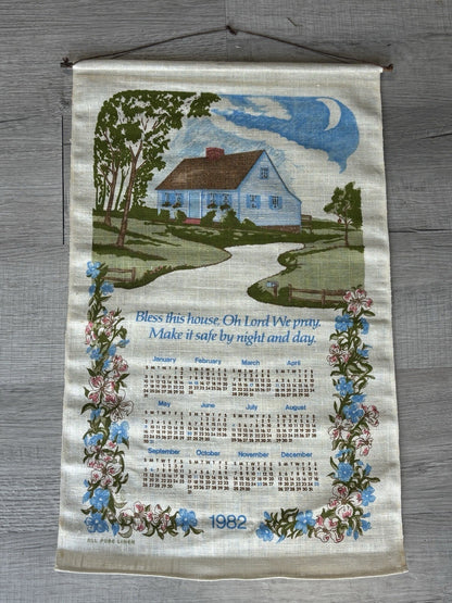 Vintage 1982 House Spring Flowers Towel Kitchen Linen Calendar Bless This House