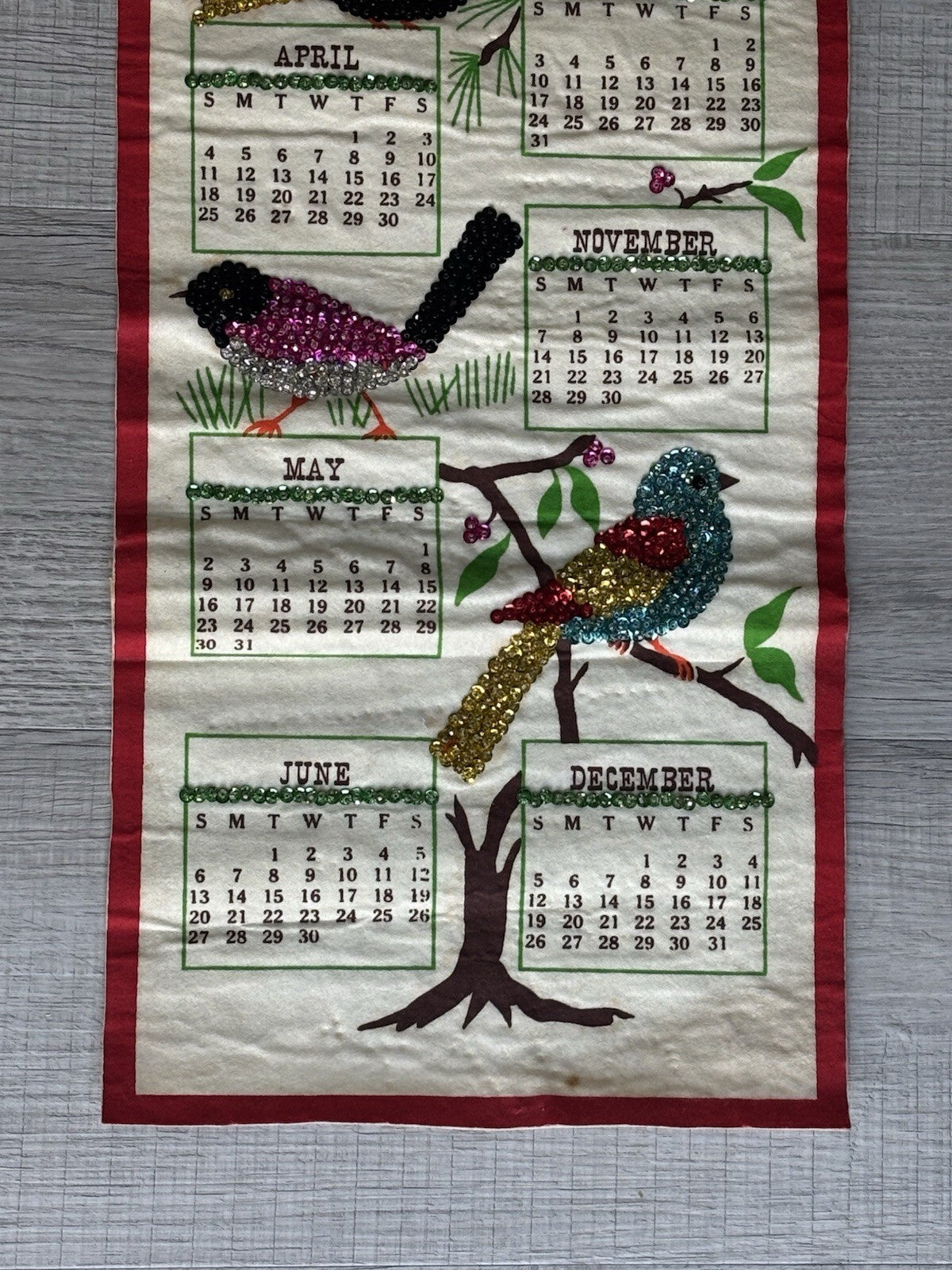 1976 Jeweled Sequin Birds Linen Wall Calendar Cardinal