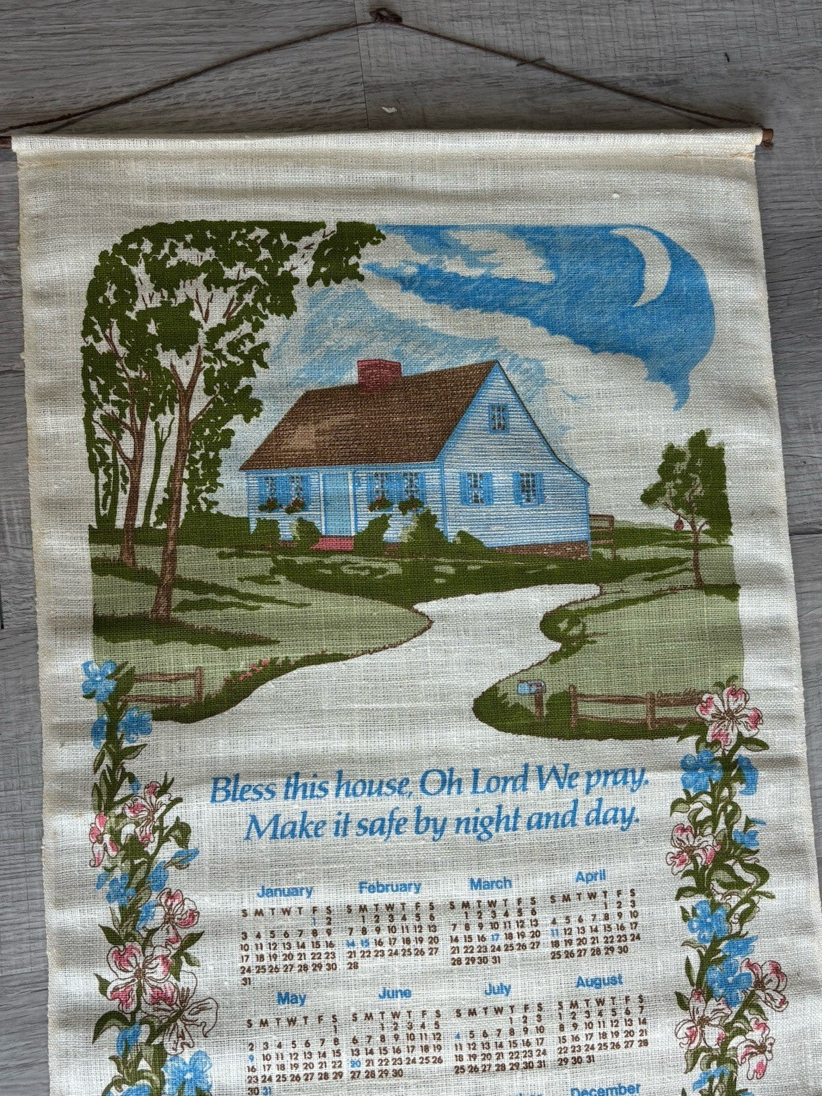 Vintage 1982 House Spring Flowers Towel Kitchen Linen Calendar Bless This House