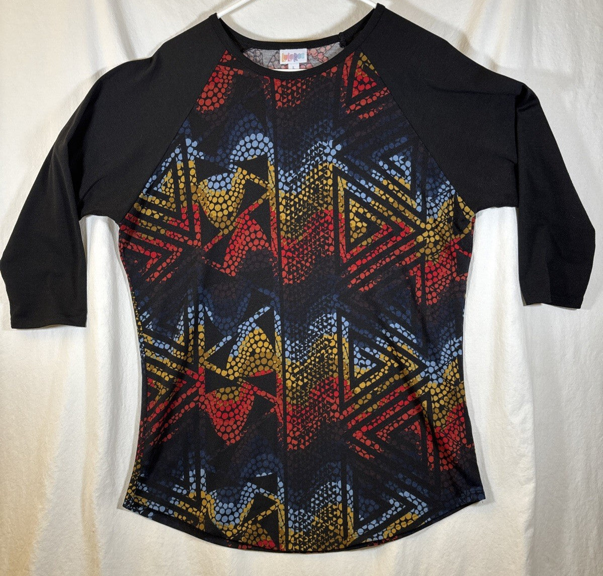 LuLaRoe Randy Womens Size L Colorful Geometric Baseball Tee Gray 3/4 Sleeve