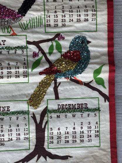1976 Jeweled Sequin Birds Linen Wall Calendar Cardinal