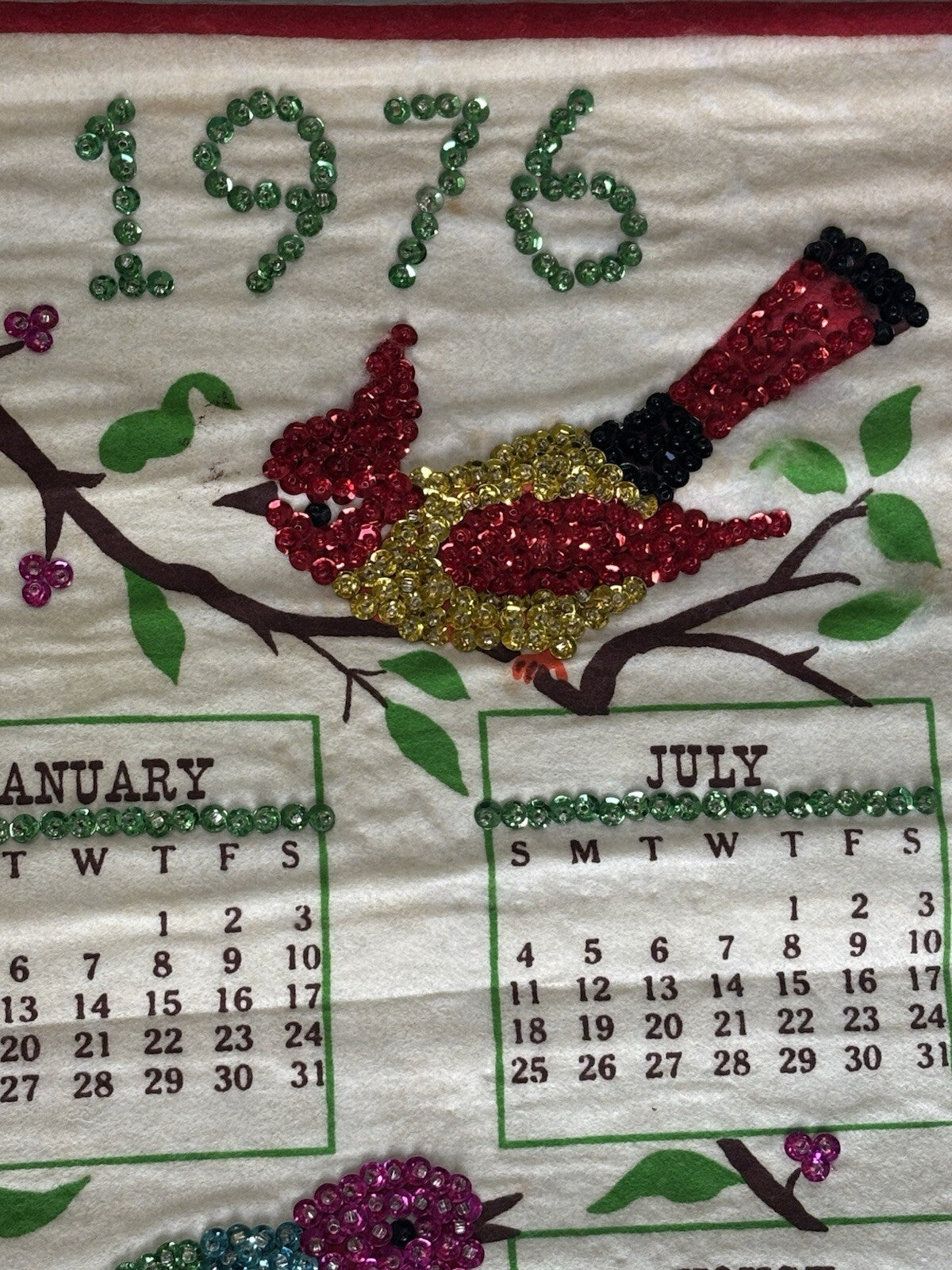 1976 Jeweled Sequin Birds Linen Wall Calendar Cardinal
