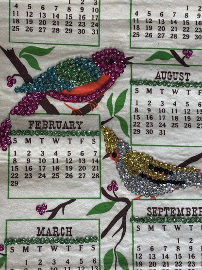 1976 Jeweled Sequin Birds Linen Wall Calendar Cardinal