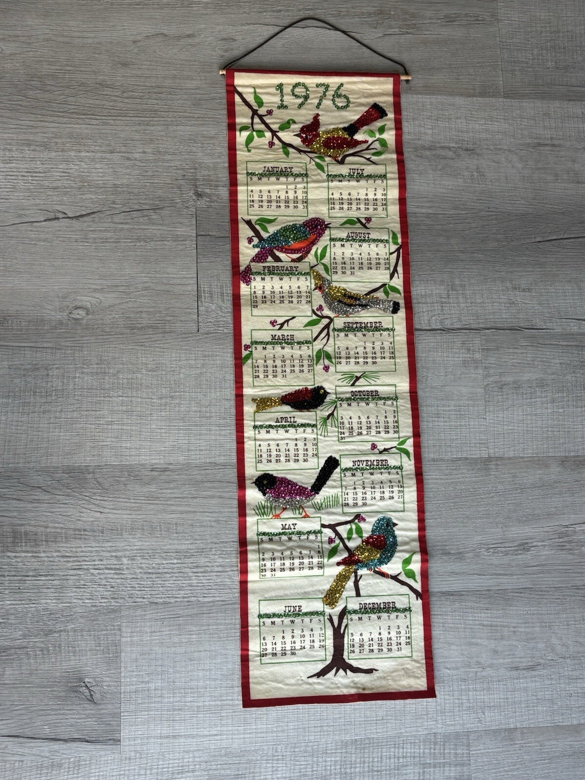 1976 Jeweled Sequin Birds Linen Wall Calendar Cardinal