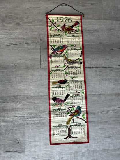 1976 Jeweled Sequin Birds Linen Wall Calendar Cardinal