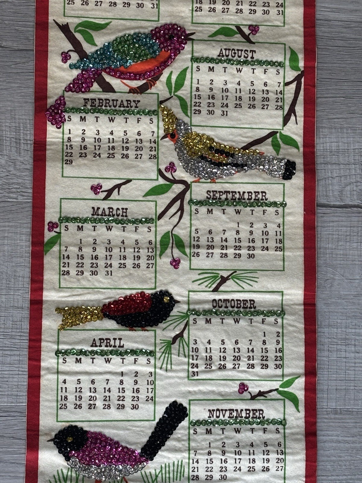 1976 Jeweled Sequin Birds Linen Wall Calendar Cardinal