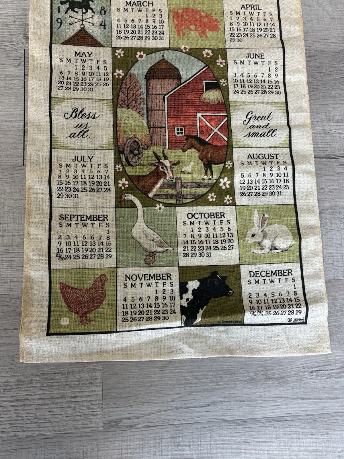 Vintage 1984 Calendar Tea Towel Country Barn Chickens Farm Animals Linen
