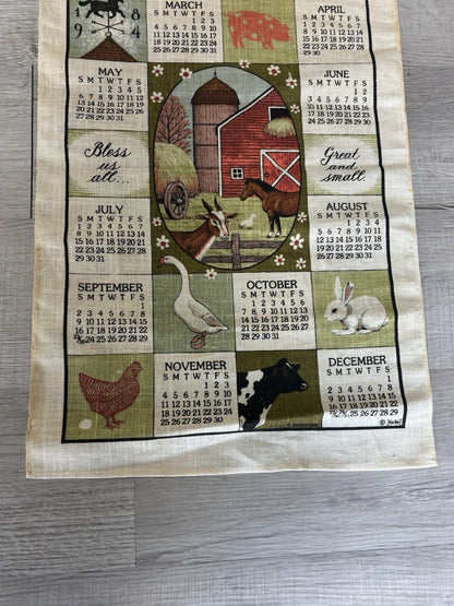 Vintage 1984 Calendar Tea Towel Country Barn Chickens Farm Animals Linen