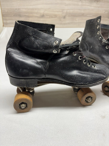 Vtg Chicago Roller Skate Co Black Leather Quad Skates Sz 10 Pat. 1914 Wood Wheel