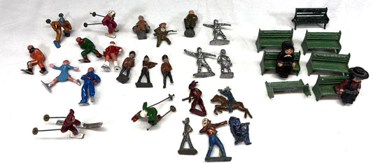 Vintage Barclay John Hill Lead Toy Figurine Skiers Ice Skaters Indians Soldiers