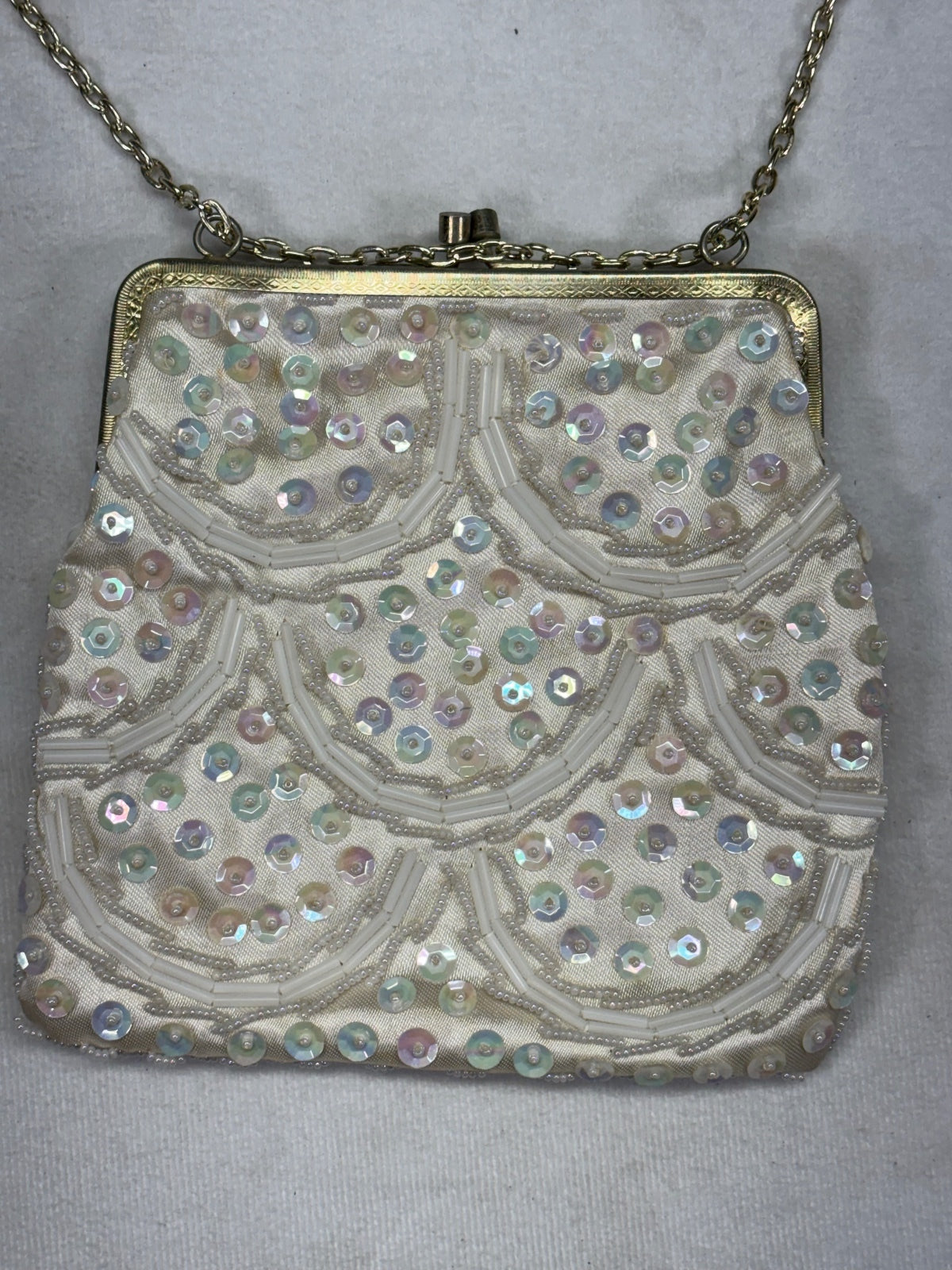 Vintage White Beaded Evening Bag with Chain Strap Made in Hong Kong