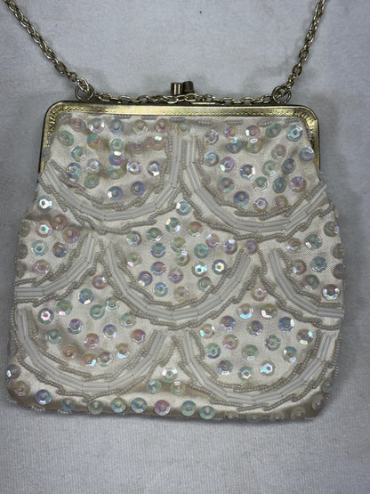 Vintage White Beaded Evening Bag with Chain Strap Made in Hong Kong