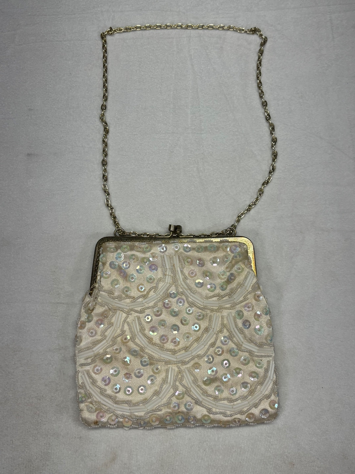 Vintage White Beaded Evening Bag with Chain Strap Made in Hong Kong