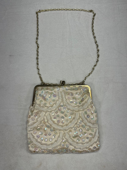 Vintage White Beaded Evening Bag with Chain Strap Made in Hong Kong