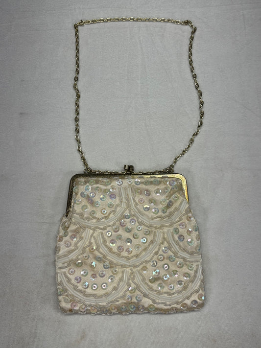 Vintage White Beaded Evening Bag with Chain Strap Made in Hong Kong