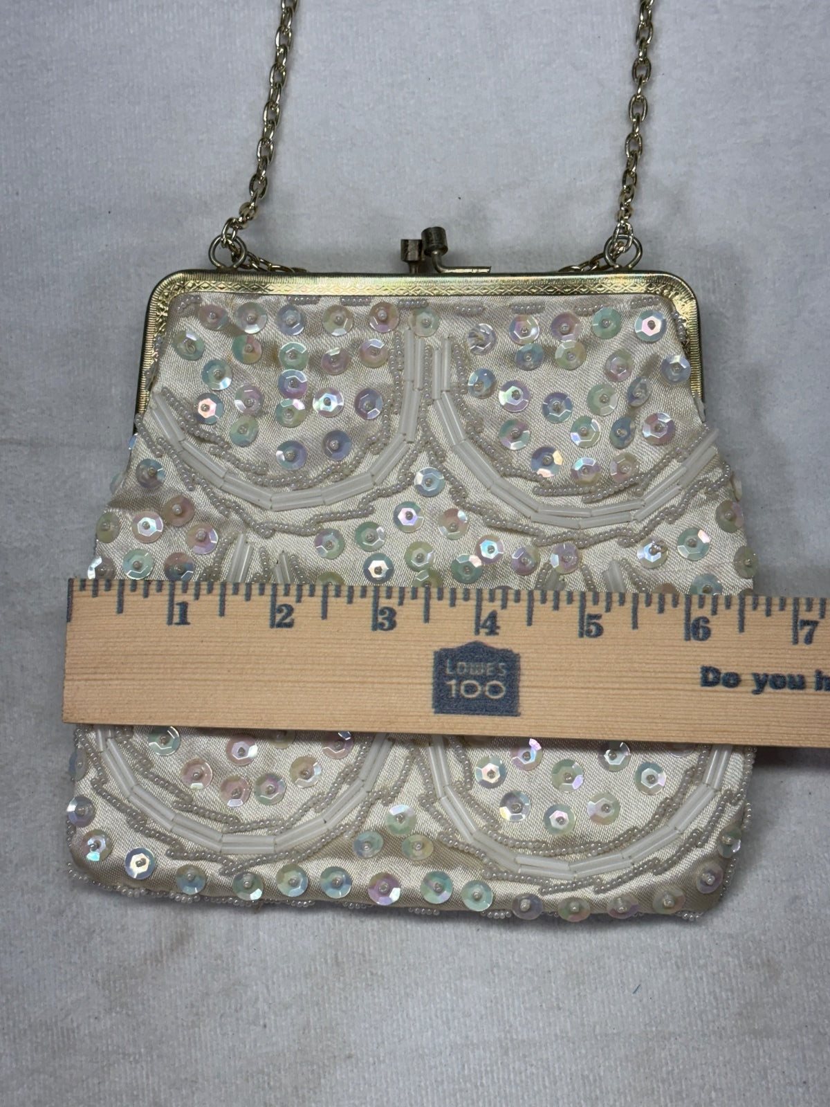 Vintage White Beaded Evening Bag with Chain Strap Made in Hong Kong
