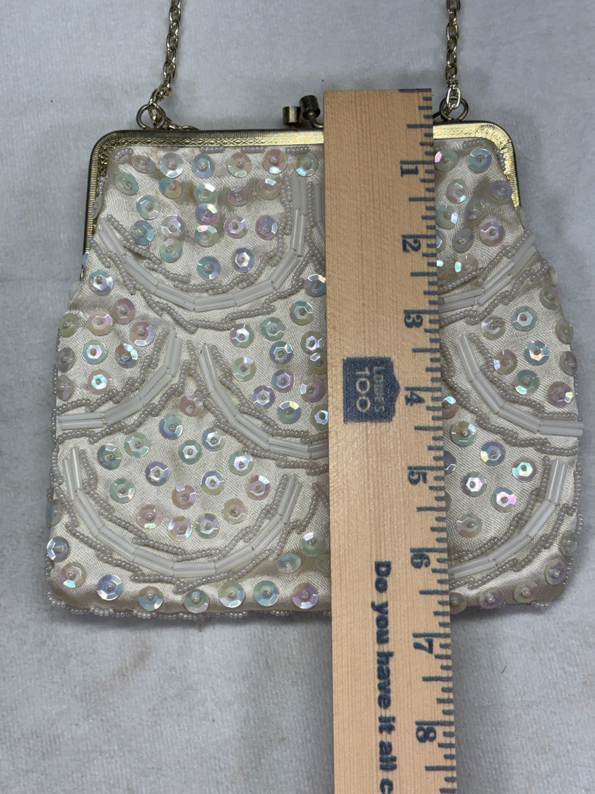 Vintage White Beaded Evening Bag with Chain Strap Made in Hong Kong