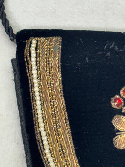 Vintage Black Velvet Art Deco Evening Bag Gold Embroidery Beaded Floral Design
