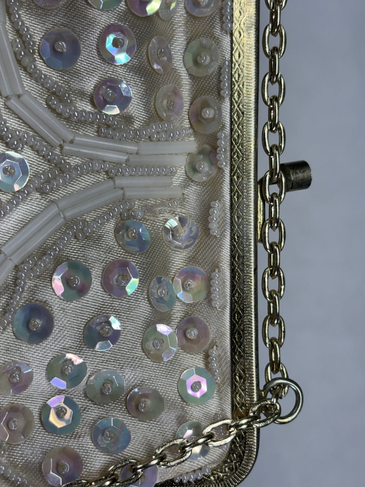 Vintage White Beaded Evening Bag with Chain Strap Made in Hong Kong