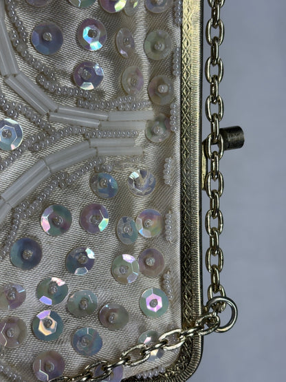 Vintage White Beaded Evening Bag with Chain Strap Made in Hong Kong
