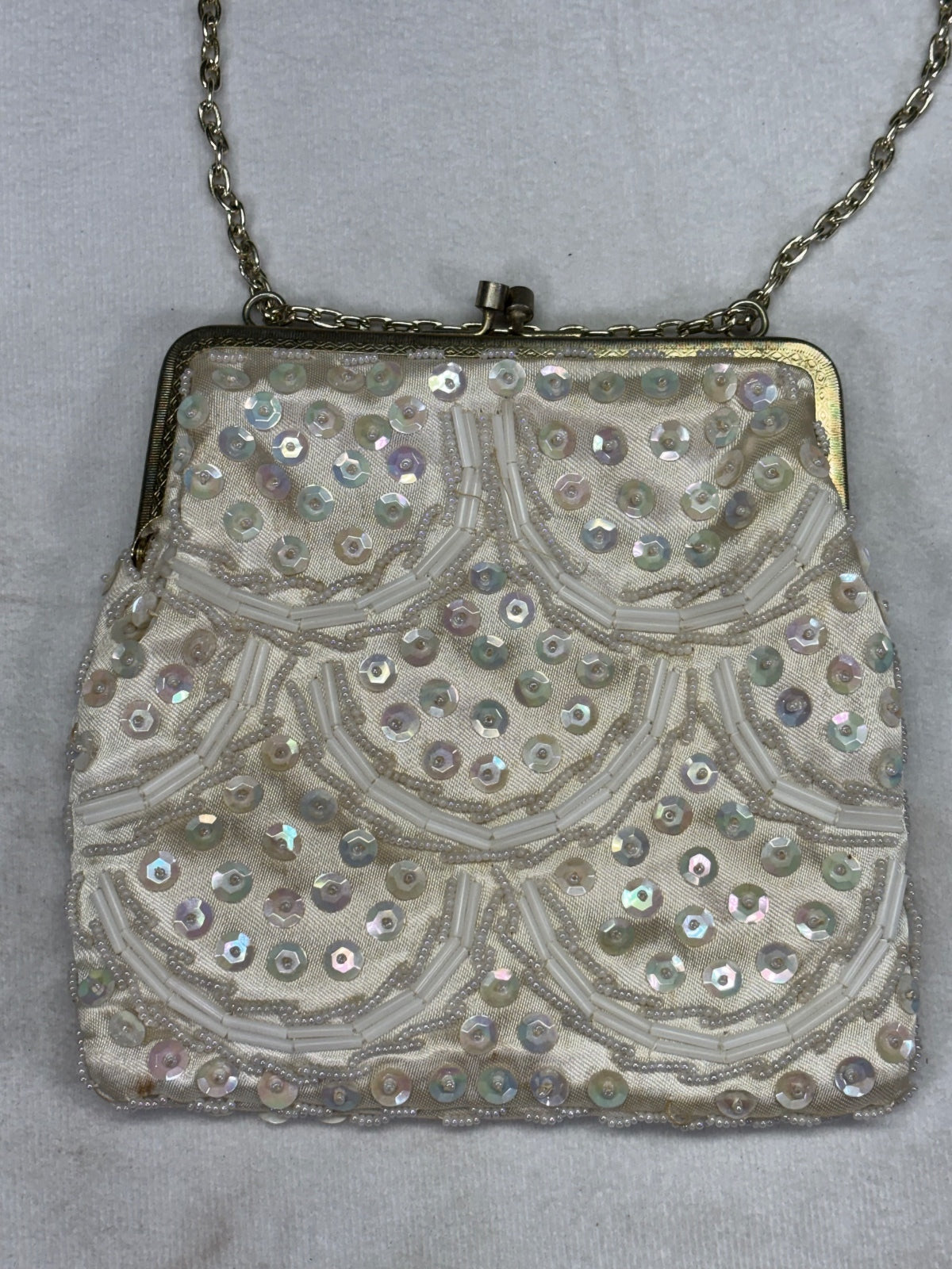 Vintage White Beaded Evening Bag with Chain Strap Made in Hong Kong
