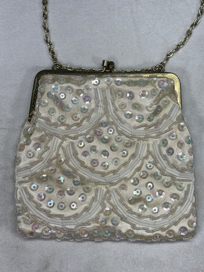 Vintage White Beaded Evening Bag with Chain Strap Made in Hong Kong