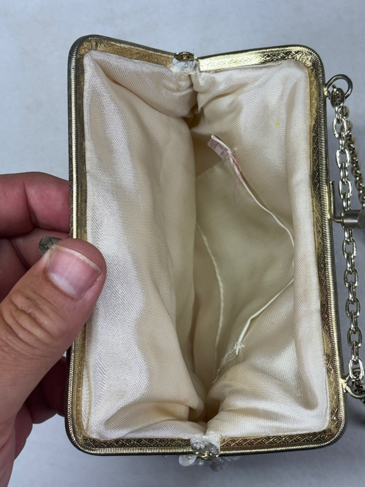 Vintage White Beaded Evening Bag with Chain Strap Made in Hong Kong