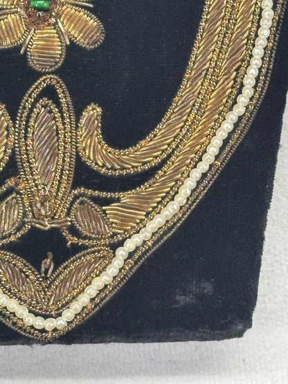Vintage Black Velvet Art Deco Evening Bag Gold Embroidery Beaded Floral Design