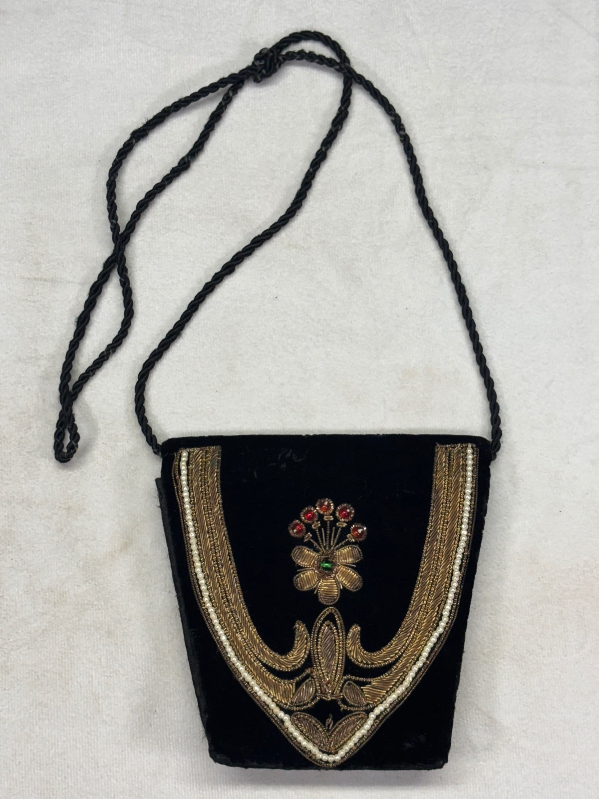 Vintage Black Velvet Art Deco Evening Bag Gold Embroidery Beaded Floral Design