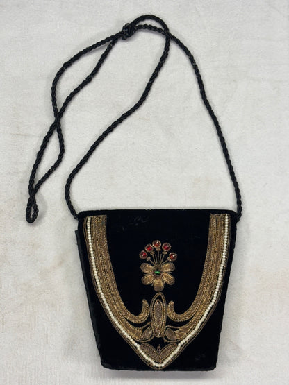 Vintage Black Velvet Art Deco Evening Bag Gold Embroidery Beaded Floral Design