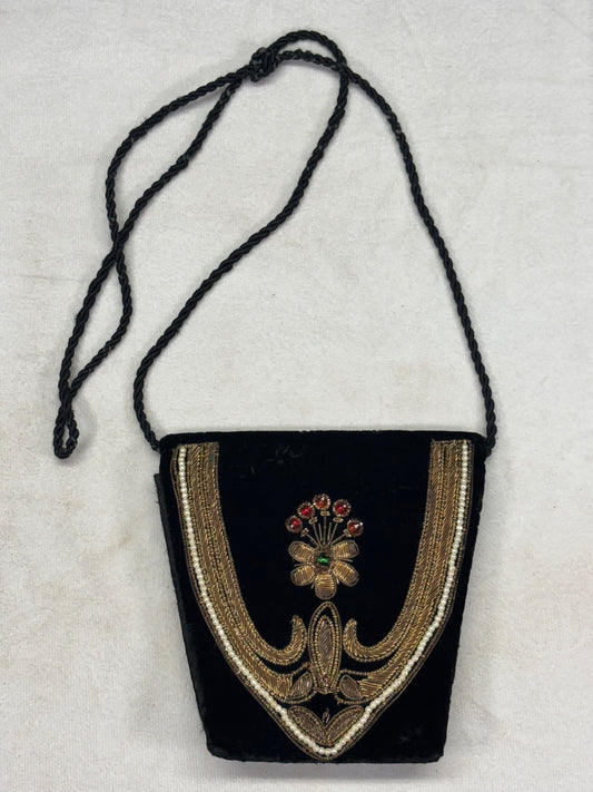 Vintage Black Velvet Art Deco Evening Bag Gold Embroidery Beaded Floral Design