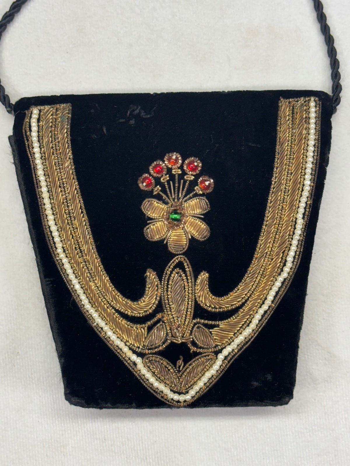 Vintage Black Velvet Art Deco Evening Bag Gold Embroidery Beaded Floral Design