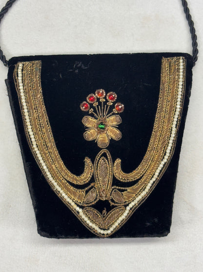 Vintage Black Velvet Art Deco Evening Bag Gold Embroidery Beaded Floral Design