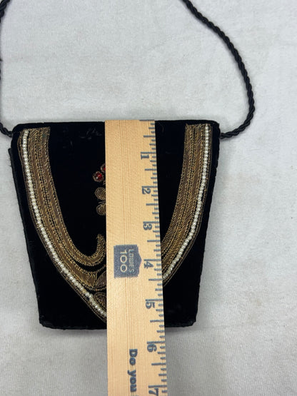 Vintage Black Velvet Art Deco Evening Bag Gold Embroidery Beaded Floral Design