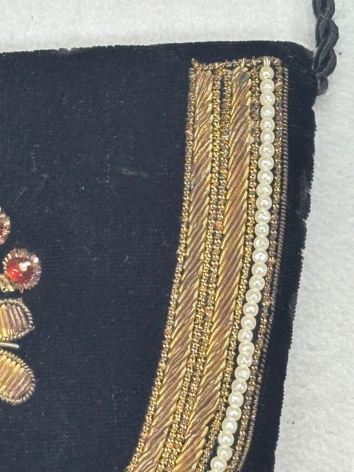 Vintage Black Velvet Art Deco Evening Bag Gold Embroidery Beaded Floral Design