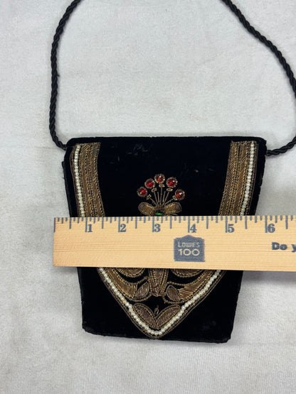 Vintage Black Velvet Art Deco Evening Bag Gold Embroidery Beaded Floral Design