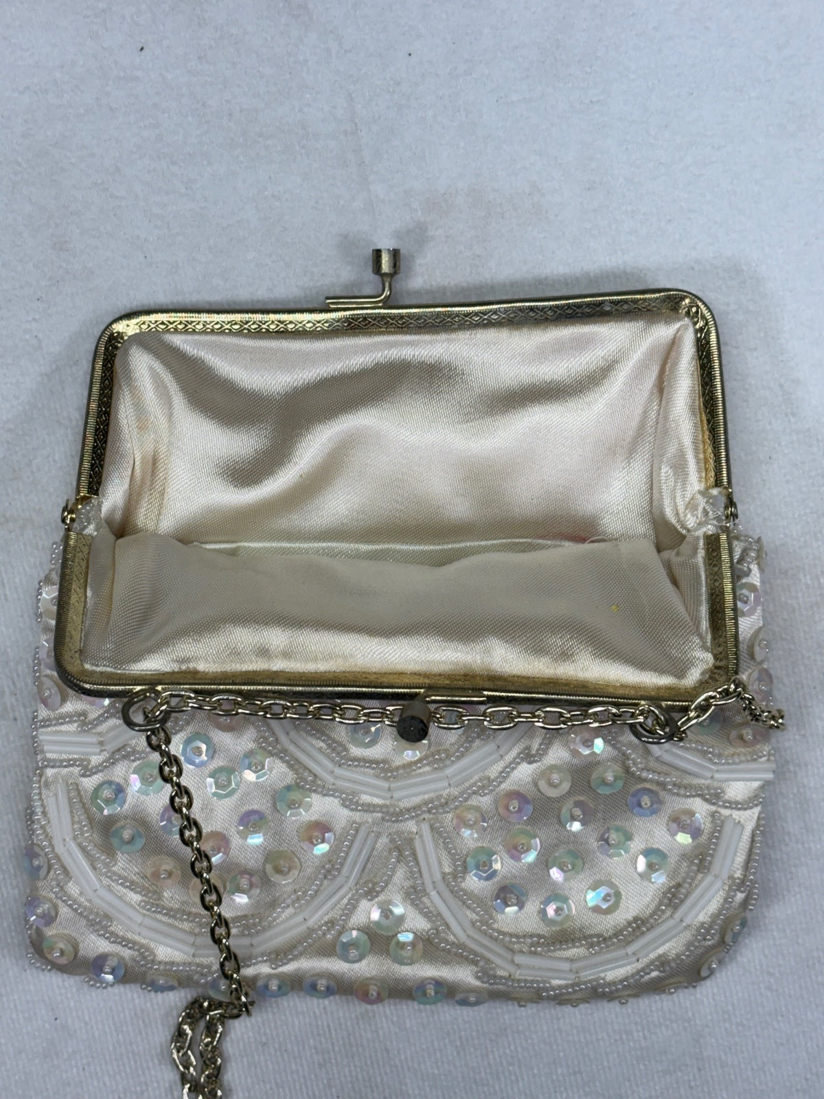 Vintage White Beaded Evening Bag with Chain Strap Made in Hong Kong