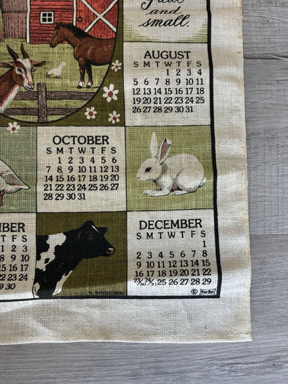 Vintage 1984 Calendar Tea Towel Country Barn Chickens Farm Animals Linen