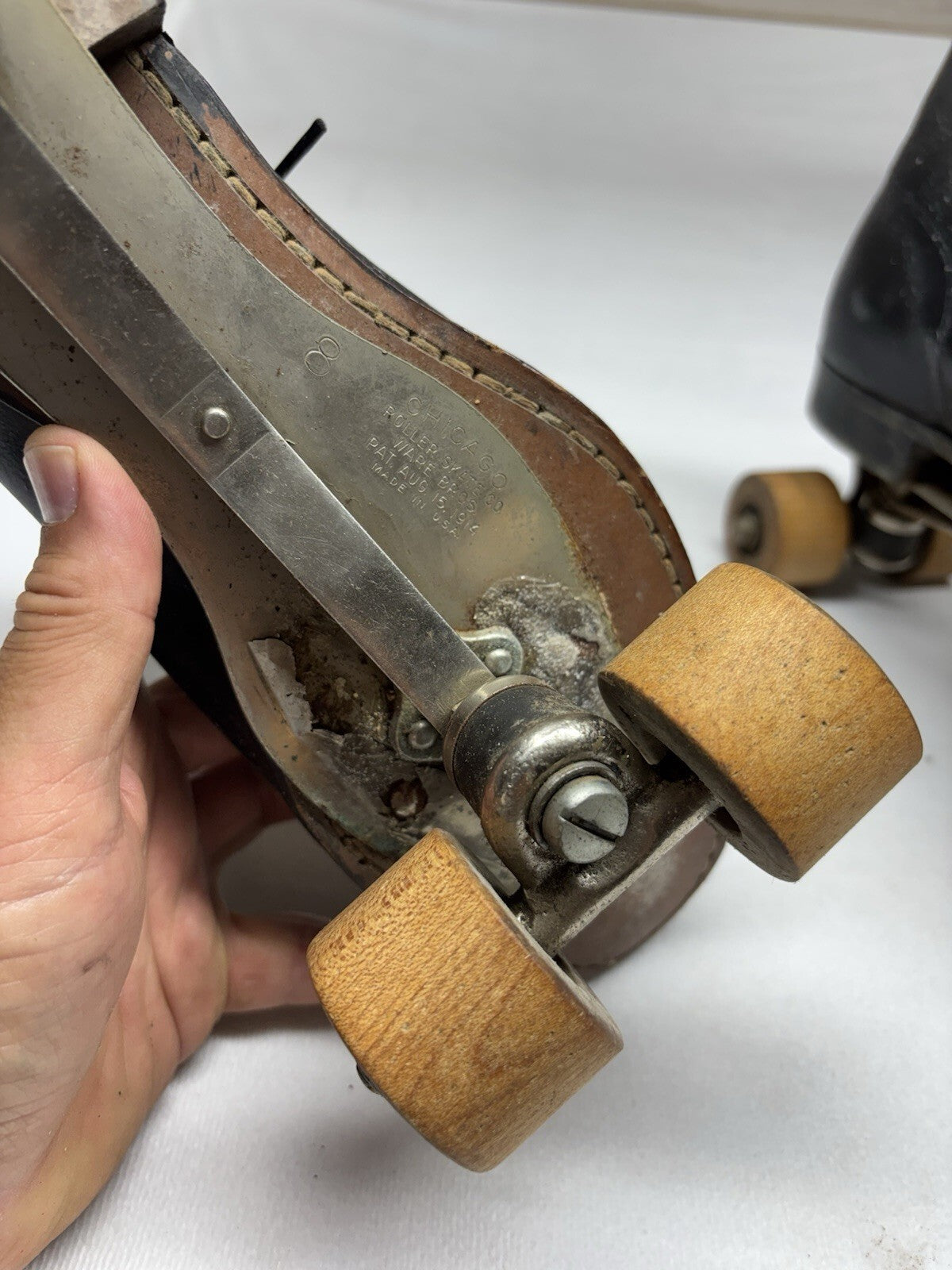 Vtg Chicago Roller Skate Co Black Leather Quad Skates Sz 10 Pat. 1914 Wood Wheel