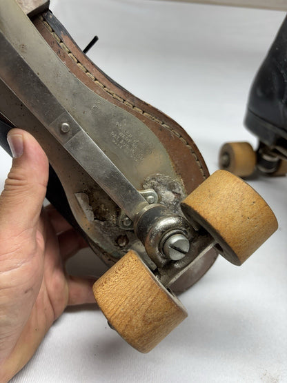 Vtg Chicago Roller Skate Co Black Leather Quad Skates Sz 10 Pat. 1914 Wood Wheel