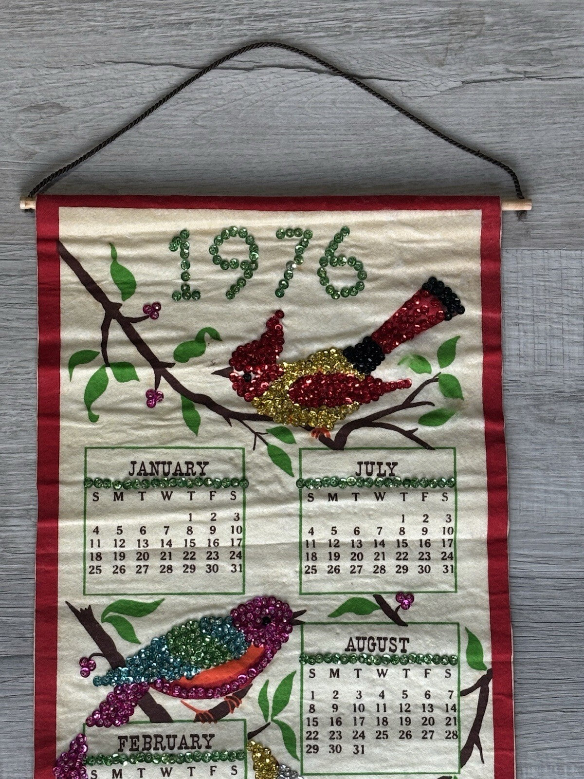 1976 Jeweled Sequin Birds Linen Wall Calendar Cardinal