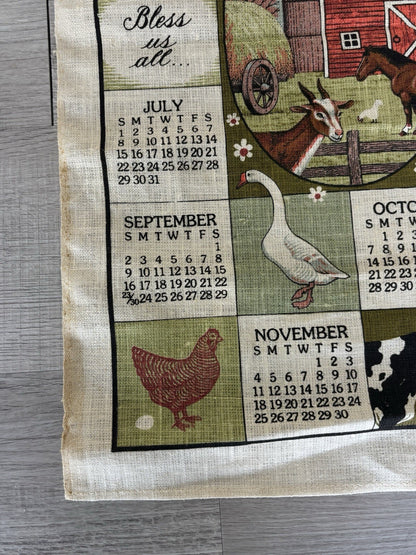 Vintage 1984 Calendar Tea Towel Country Barn Chickens Farm Animals Linen