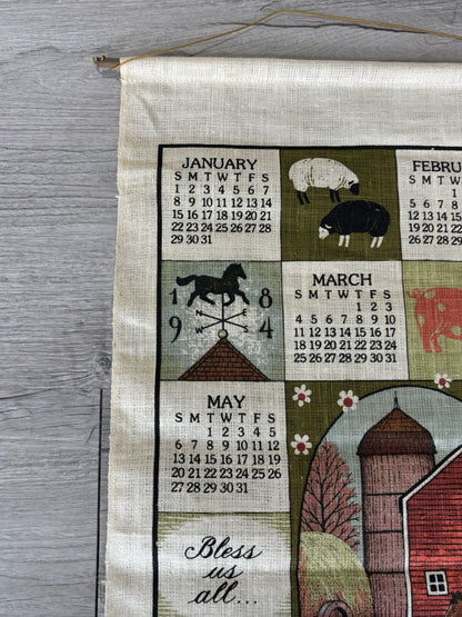 Vintage 1984 Calendar Tea Towel Country Barn Chickens Farm Animals Linen