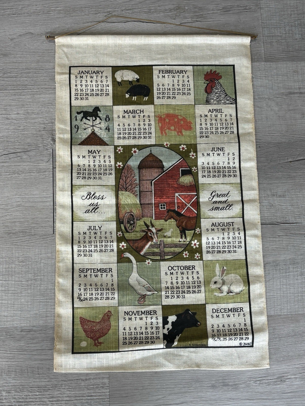 Vintage 1984 Calendar Tea Towel Country Barn Chickens Farm Animals Linen