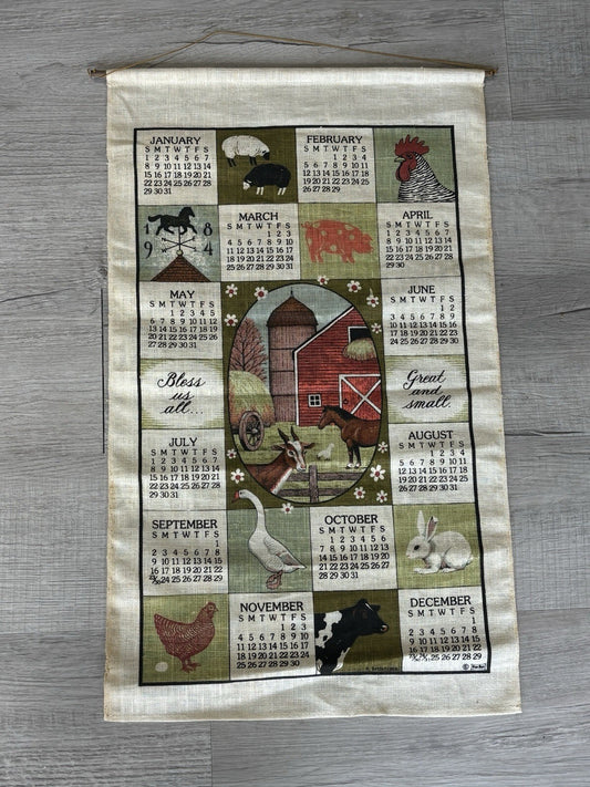 Vintage 1984 Calendar Tea Towel Country Barn Chickens Farm Animals Linen