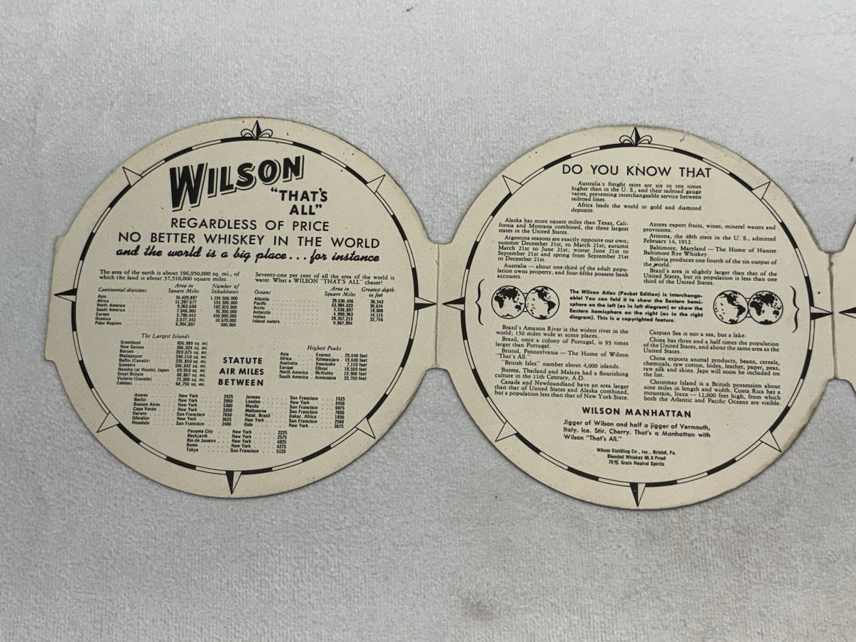 1942 Wilson That's All Whiskey Fold Open World Globe Advertising Booklet