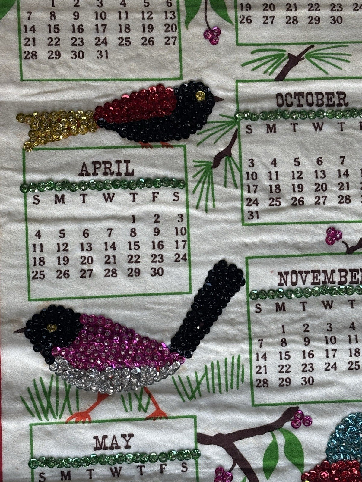 1976 Jeweled Sequin Birds Linen Wall Calendar Cardinal