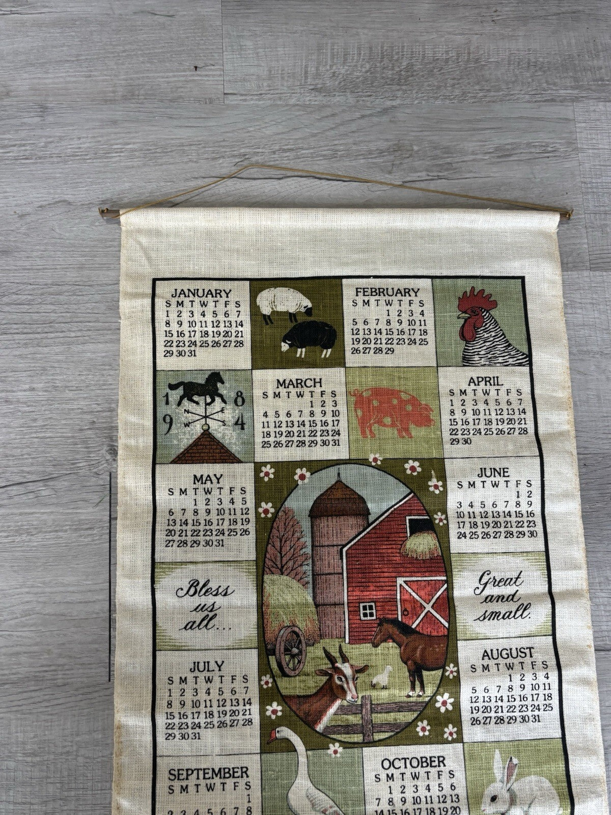 Vintage 1984 Calendar Tea Towel Country Barn Chickens Farm Animals Linen
